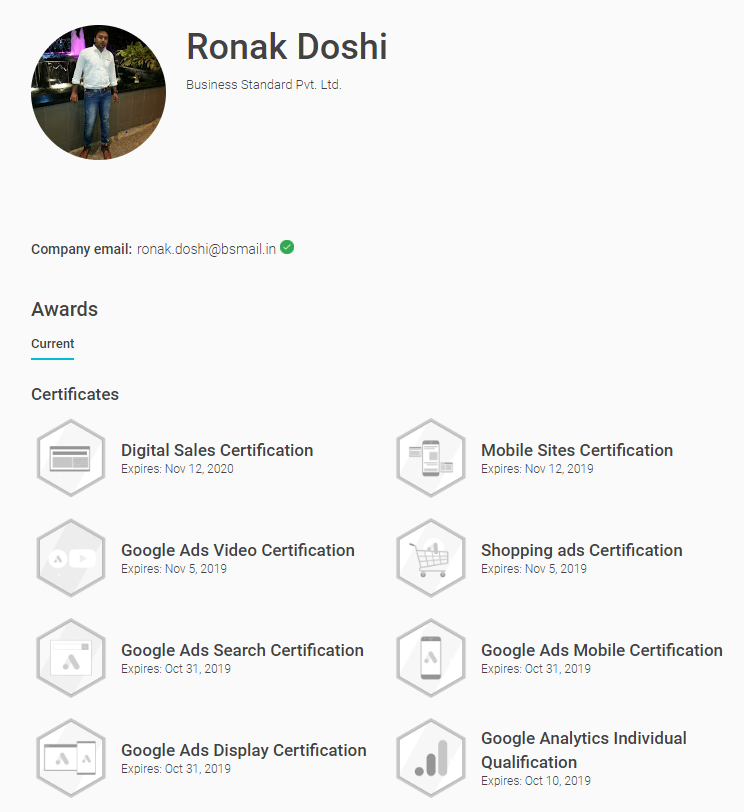 Certifications & Awards - Ronak Doshi